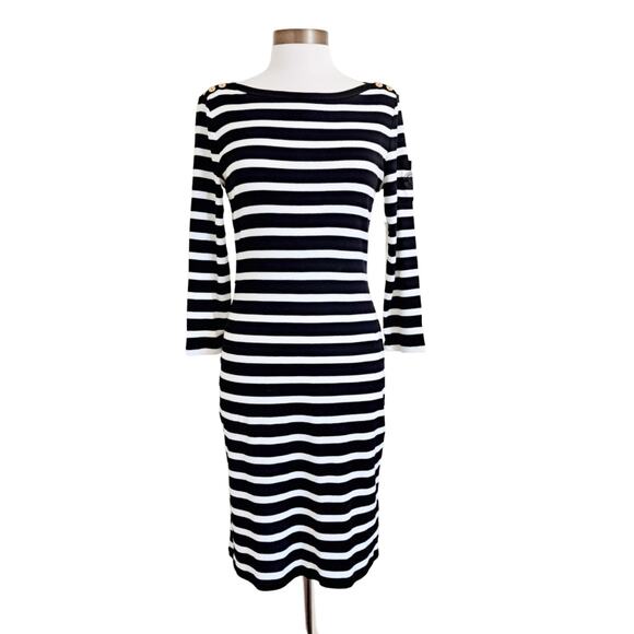 NWT LAUREN Ralph Lauren Striped Dress Size Medium Black & White Preppy Nautical - Picture 1 of 10